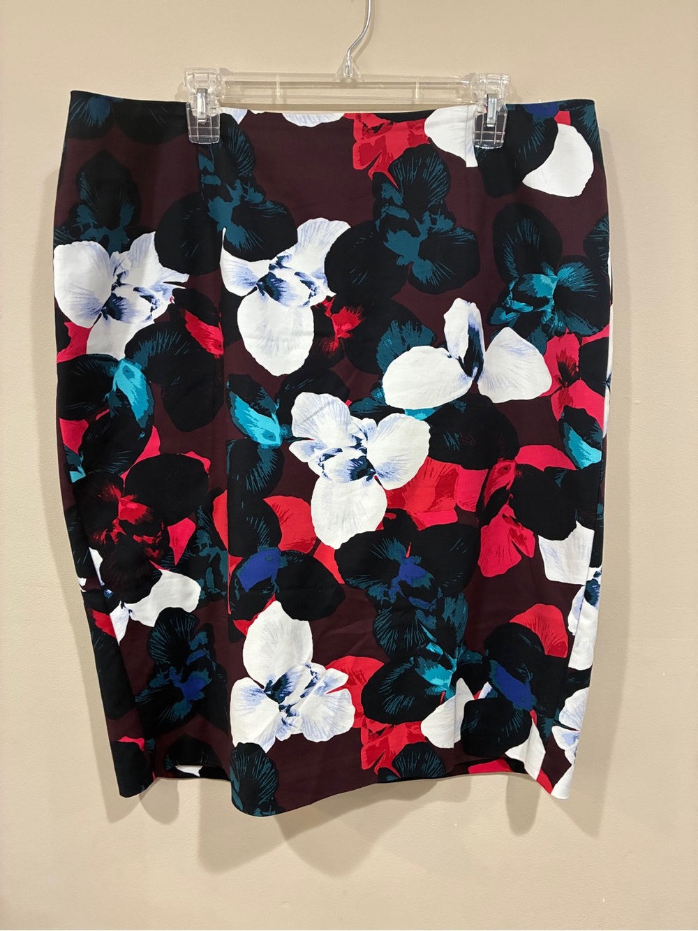 Lord & Taylor Burgundy Floral Pencil Skirt with Teal, White & Red Accents
